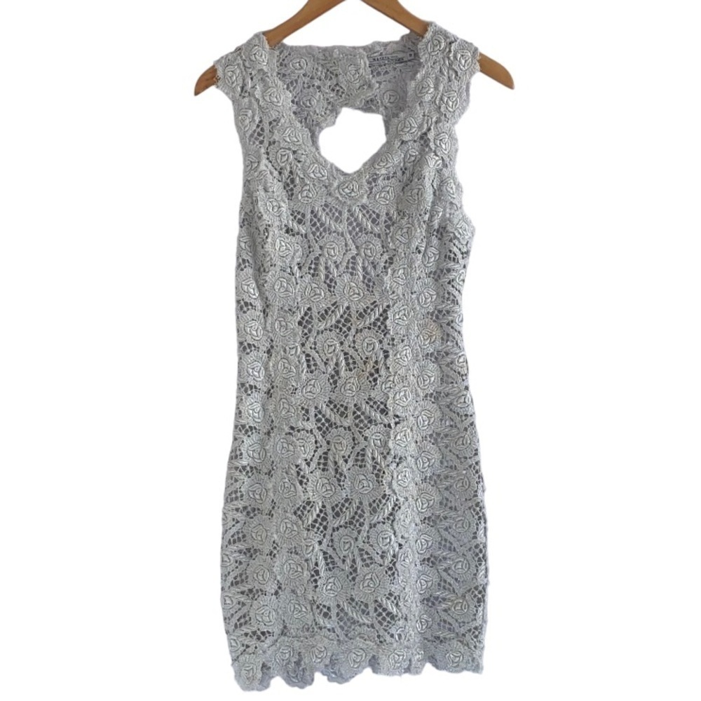 M & Guia Brazil Silver Gray Metallic Embroidered Lace with Cutout Back Dress